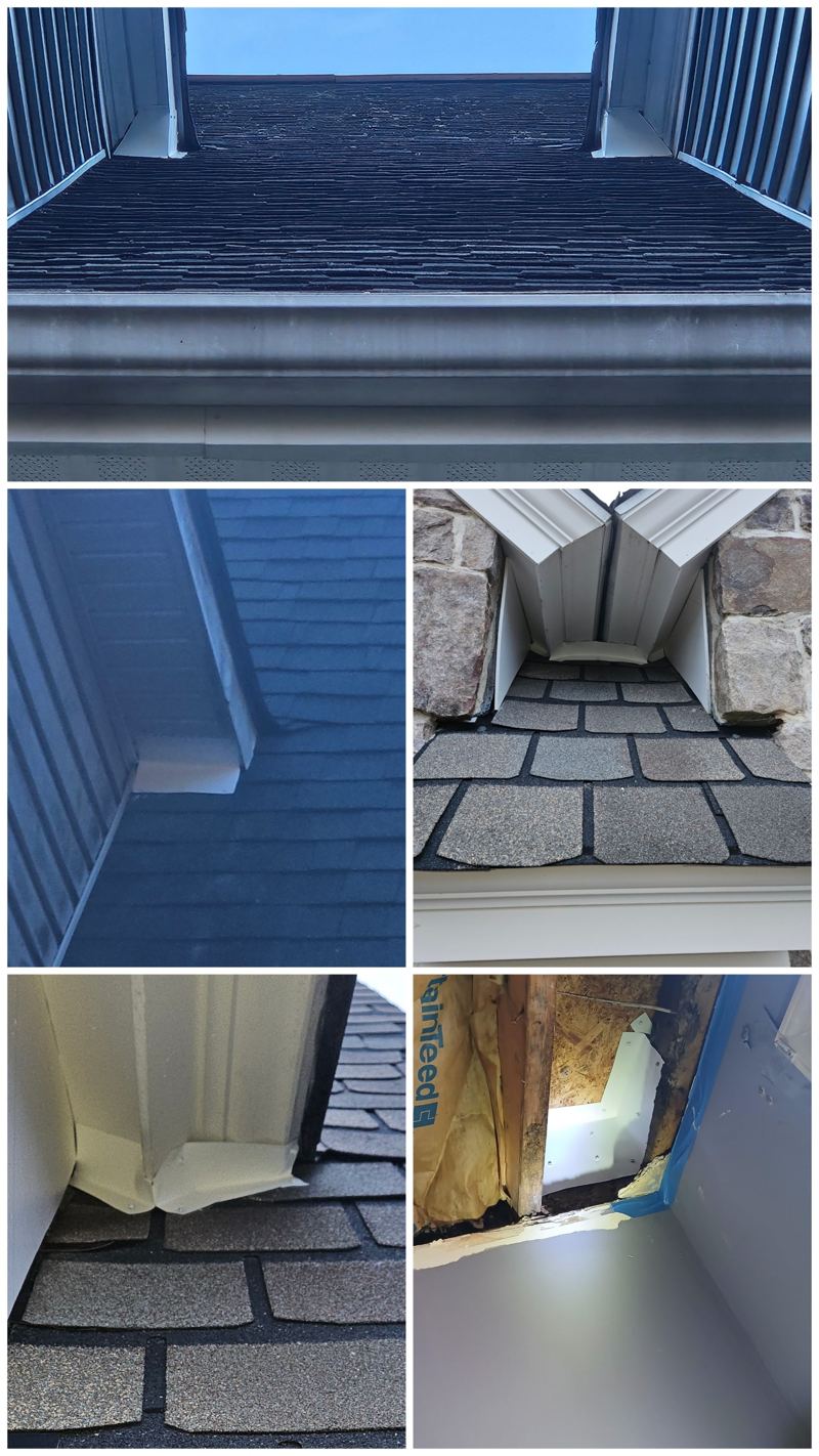 Custom-bent metal closing the gaps where roof returns and trim boards meet the roofline