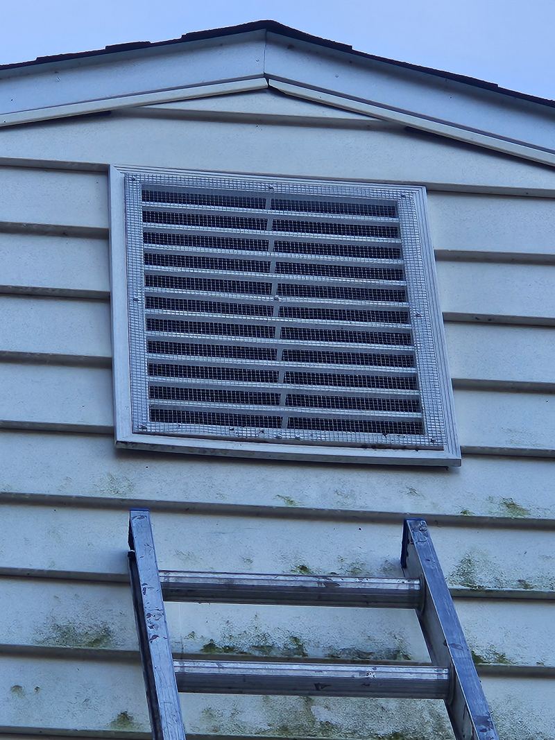 A gable vent fully covered with heavy mesh screening