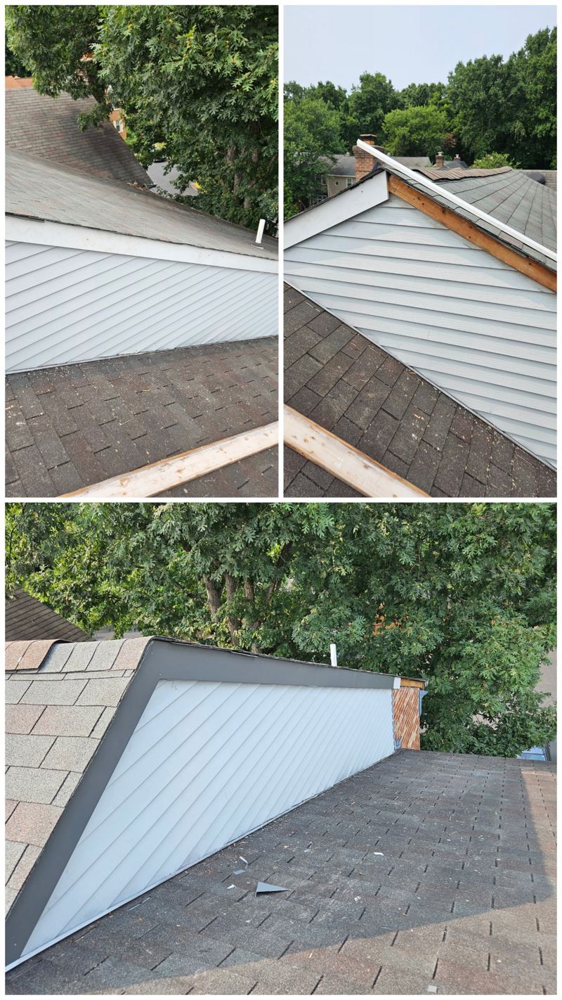 Roofline rake boards shown bare, then fully wrapped in metal trim