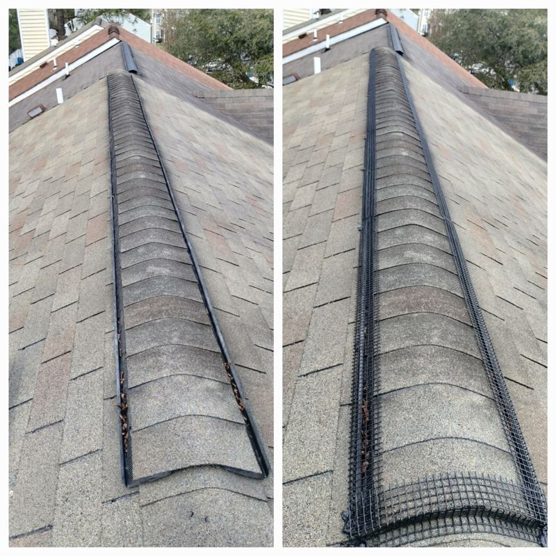 A roof ridge vent shown bare, then screened end to end with black steel mesh