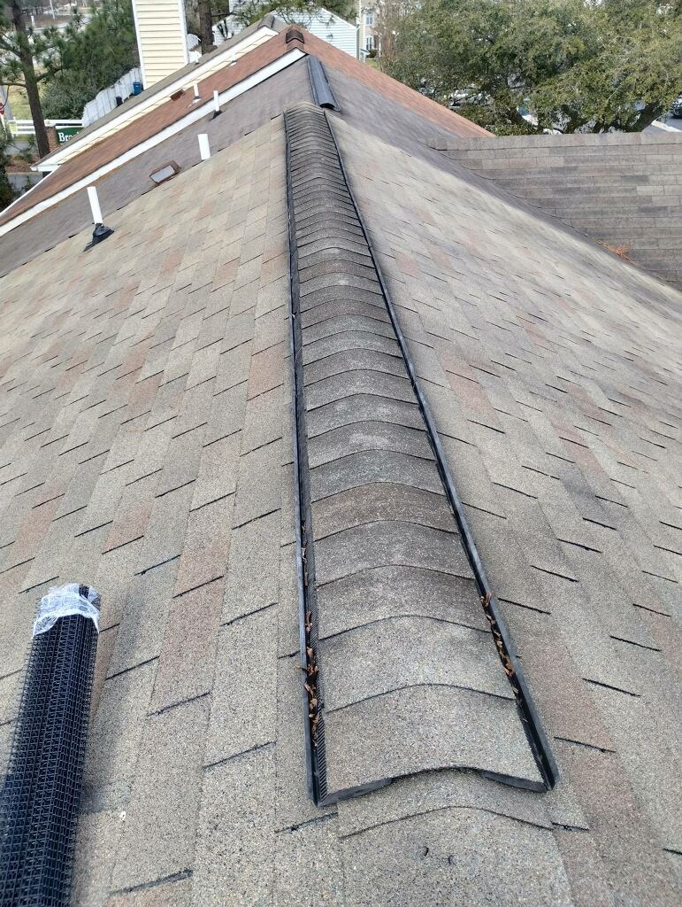 Black exclusion guard running the full length of a shingled roof ridge