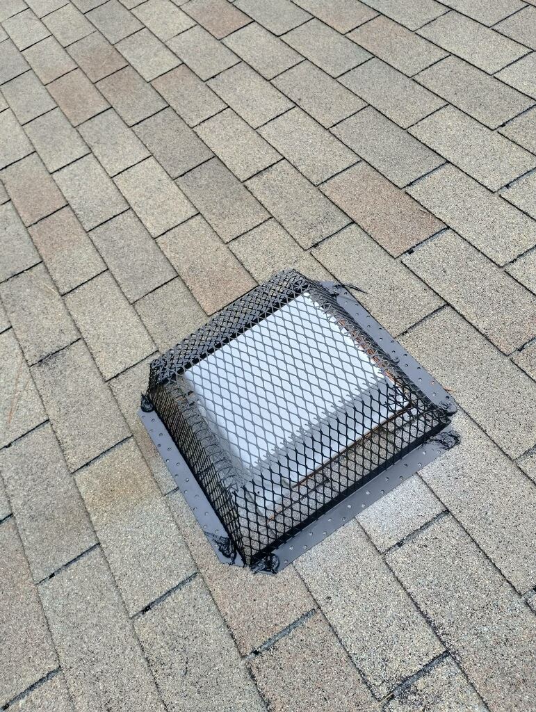 A roof vent capped with a black steel mesh exclusion cage