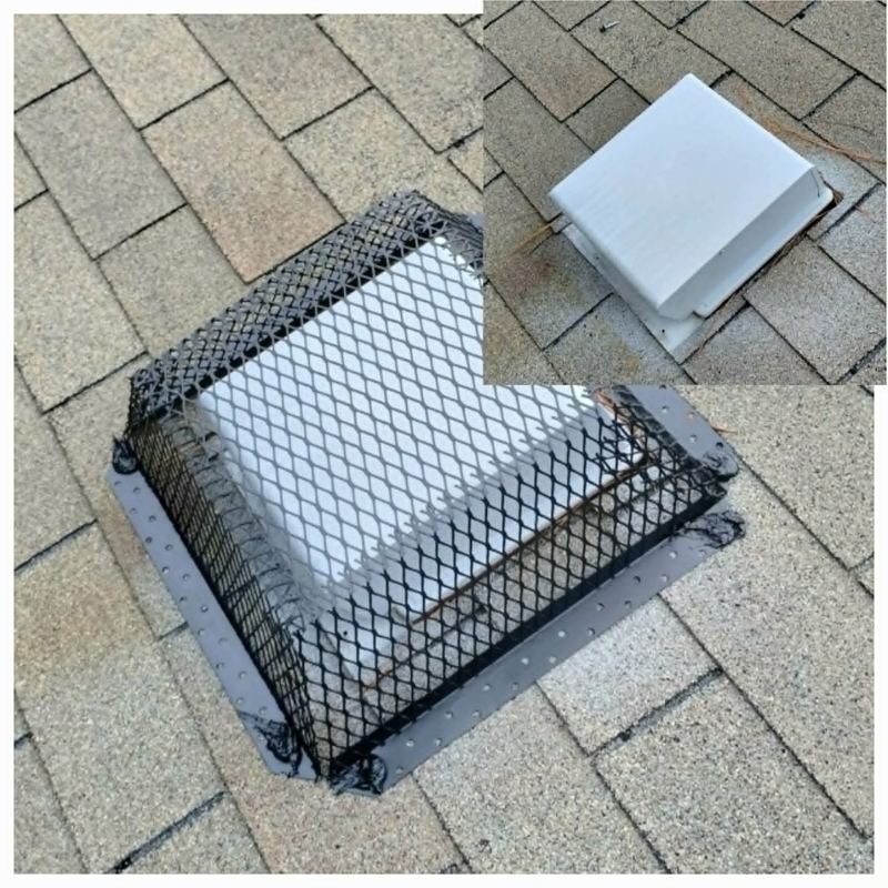 A roof box vent shown bare, then capped with a black steel mesh guard